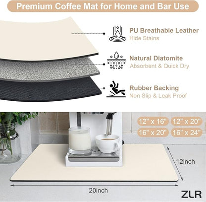 ZLR Coffee Bar Mat for Espresso Machine, 12"x20" Medium, Creamy | Absorbent Dish Drying Mat, Stain-Hiding PU Top, Non-Slip Back, Fits Grinder, Knock Box, Tamper & Milk Frother