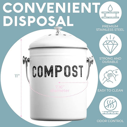EPICA Countertop Compost Bin Kitchen | 1.3 Gallon | Odorless Composting Bin with Carbon Filters | Indoor Compost Bin with Lid | Stainless Steel Kitchen Composter for Food Scraps & Waste Recycling