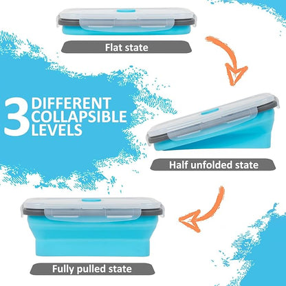 Collapsible Silicone Food Storage Containers Set with Lid & Air Vent,Foldable Lunch Containers (8PCS,Blue,27oz)