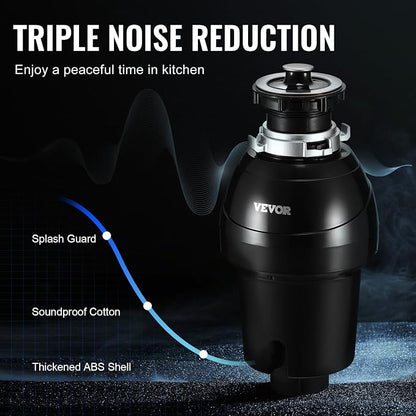 VEVOR Garbage Disposal, 1HP 3270RPM DC Motor, Continuous Feed Food Waste Sink Disposer, EZ Connect Food Waste Grinding System with Sound Reduction, Power Cord and Splash Guard, for Kitchen