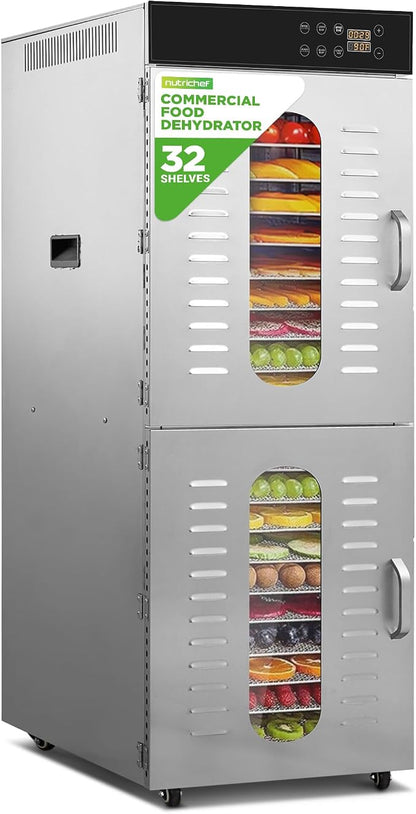NutriChef 32 Layer & 2 Chamber Commercial Food Dehydrator Machine - Stainless Steel Trays, Digital Timer and Temperature Control, Ideal for Jerky Meat, Fruit, Pet Treats, Vegetables, and Herbs