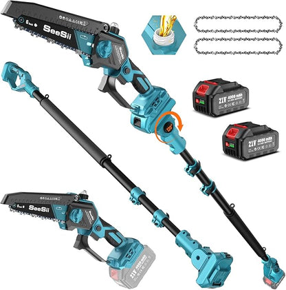 SEESII 2-in-1 Pole Saws for Tree Trimming: Electric Mini Chainsaw 6 Inch Cordless, 2 x 4000mAh Batteries Tree Pruner, Brushless Chain Saw with Extension Pole for Limb Branch Cutter,16Ft Reach