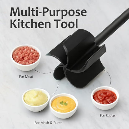 Ourokhome Meat Chopper and Potato Masher, Heat Resistant Nylon Ground Beef Smasher for Hamburger, 5 Curved Blades Nonstick Safe Mixer & Stirrer Practical Kitchen Gadgets, Teal