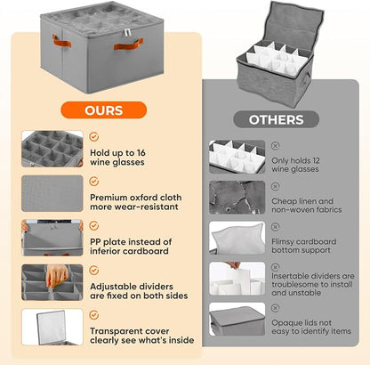 Foyego Wine Glass Storage Box, Gray | 16 Adjustable Dividers, Hard Shell, Stackable China Storage Containers Holds Stemware, Glassware, Crystal for Packing&Moving