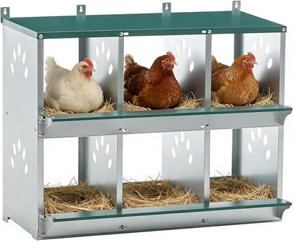 6 Compartment Metal Chicken Nesting Box, Roll Out Hen Laying Box for Easy Egg Collection, Wall Mount Poultry Nest Box for Backyard Chickens, Green, 32.09" L x 16.34" W x 26.38" H
