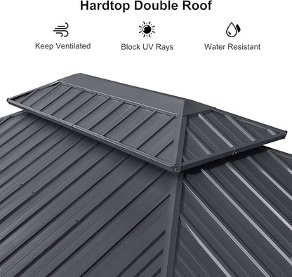 PURPLE LEAF 12' X 20' Patio Hardtop Gazebo Outdoor Pavilion Gazebo with Galvanized Steel Double Roof for Patio Lawn Garden Aluminum with Mosquito Nets and Curtains Grey