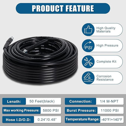 50FT Sewer Jetter Kit for Pressure Washer, 5800PSI Water Jet Durable Drain Cleaner Hose 1/4 Inch NPT Corner with 4 Specialized Nozzles，Waterproof Tape, Pearl Corsage Pin, Handle Strap & 2 Spanners
