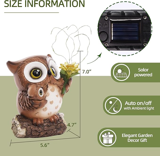 Solar Garden Statues Outdoor Decor, Fairy Owl Statue Garden Decor, Resin Yard Decorations Outdoor for Patio, Porch, Balcony, Lawn Ornaments, House Warming Birthday Gifts for Mom Women Grandma