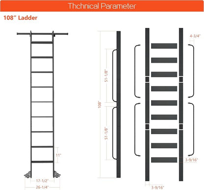 DIYHD 108" Rolling Library Ladder with Handrail, 4FT Sliding Rail, Black | 9-Step lightweight ladder with space-saving upright storage, Telescopic top hooks, Locking bottom rollers, 300lbs capacity