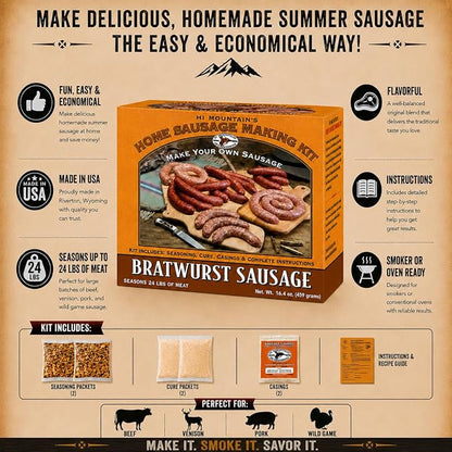Hi Mountain BRATWURST Kit | Makes up to 24 lbs | Complete bratwurst seasoning kit with cure, natural hog casings & directions. Perfect for pork, beef, venison, deer, & elk