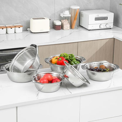 Paoli 304 Stainless Steel Fine Mesh Colander Set, 2QT Large Capacity Strainer with Mixing Bowl — Rinse Fruits, Veggies, Rice & Drain Pasta, Dishwasher Safe (2-Piece)