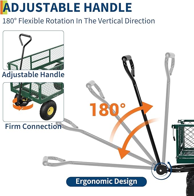 GarveeLife 900 LBS Garden Cart with Removable Mesh Sides, Heavy Duty Steel Garden Wagon with Adjustable Handles & 10 in Pneumatic Tires, Utility Wagon for Lawn Camping Farm Yard, Green+Black