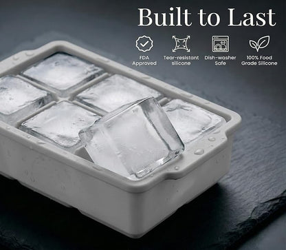 KitchFort® Large Silicone Ice Cube Tray (3-Pack), Easy Release 2" Big Ice Cubes - Cocktail, Whiskey Ice Cubes Mold - Ice Trays for Freezer with Lid - Stackable Silicone Ice Tray - Gray