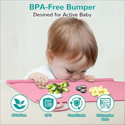 Silicone Placemat for Babygirls Eating-Out: Wipe Clean & Roll up for Outdoor - Pink Table Mat for Restaurant/Travel/On-The-Go