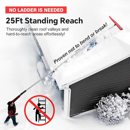 Never-Scratch SnowBuster | 19-Foot Snow Roof Rake(Up to 25Ft Standing Reach) | Heavy-Duty Aluminum｜EVA Soft Foam Pad Snow Removal Tool｜S-Shaped Push/Pull Design for House Roofs, Solar Panels