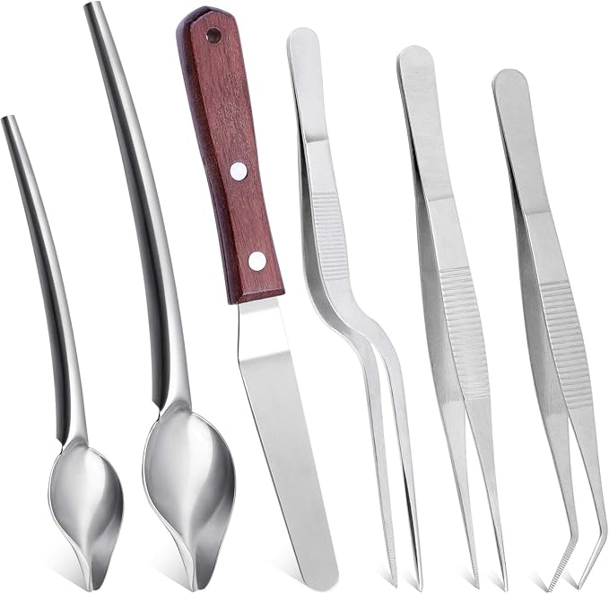 Cridoz 6 Pcs Stainless Steel Kitchen Cooking Tweezers Precision Tongs Drawing Spoons Offset Spatula for Food Culinary Plating Decorating