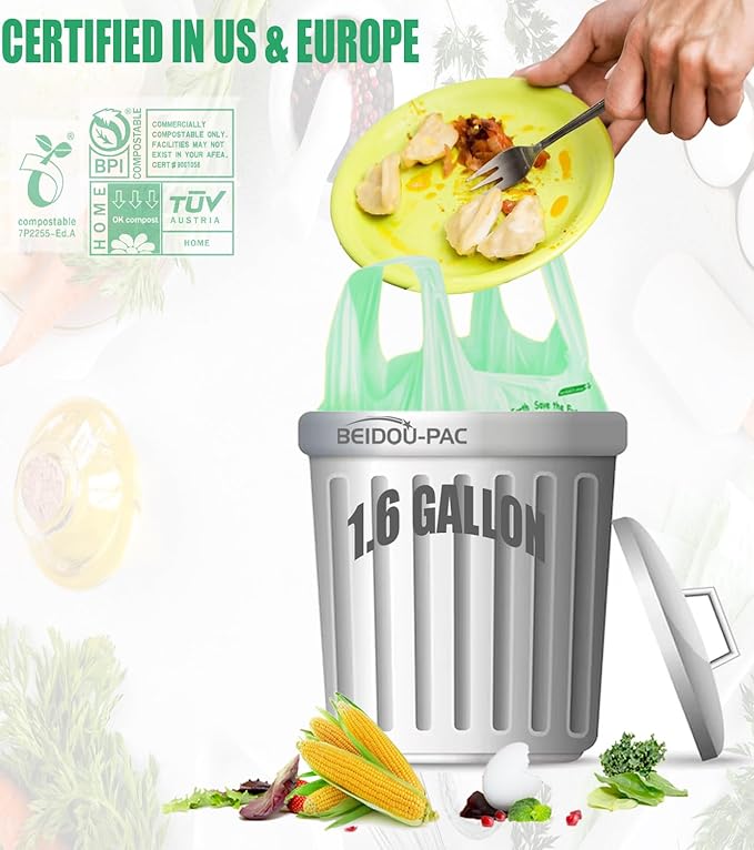 1.6 Gallon Compostable Trash Bags with Handle, 125 Count Small Compost Bags, Biodegradable Kitchen Garbage Bags, Food Scrap Waste Bags for Countertop Bin, ASTM D6400, US BPI Certified