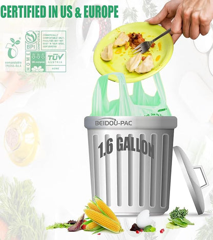 1.6 Gallon Compostable Trash Bags with Handle, 125 Count Small Compost Bags, Biodegradable Kitchen Garbage Bags, Food Scrap Waste Bags for Countertop Bin, ASTM D6400, US BPI Certified