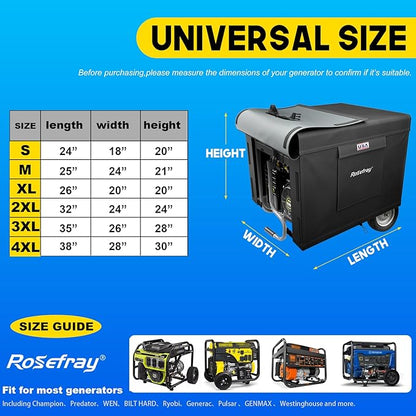 Rosefray Generator Cover-38”Lx28”Wx30”H,600D Heavy Duty Waterproof, Small Outside Equipment Cover for Champion,Predator,WEN,Ryobi,Generac,Westinghouse Portable Generator 5500-15000W-Black4XL