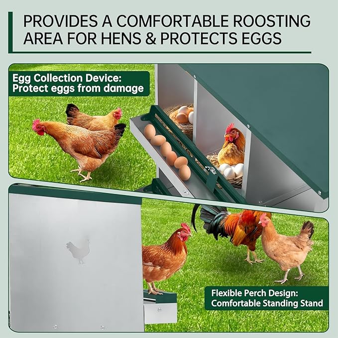Chicken Nesting Boxes, 4-Hole Nesting Boxes for Chicken Coop with Lid, Metal Laying Boxes for Hens with Swing Perch and Roll Away Egg Collection for Chicken Coop, Double Layer 4 Compartments