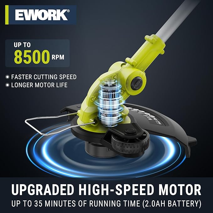 EWORK 20V Electric Weed Wacker 12-Inch Trimmer and Edger with Auto Line Feed, Cordless String Trimmer with 2.0Ah Battery and Charger & 6 Replacement Spools for Lawn, Garden, Yard, etc
