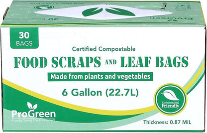 ProGreen Compostable Trash Bags, Extra Thick, Compost Kitchen Bin Bags, Food Scraps Yard Waste Bags, ASTM D6400 BPI and TÜV AUSTRIA Certified (6 Gallon, Pack of 30)