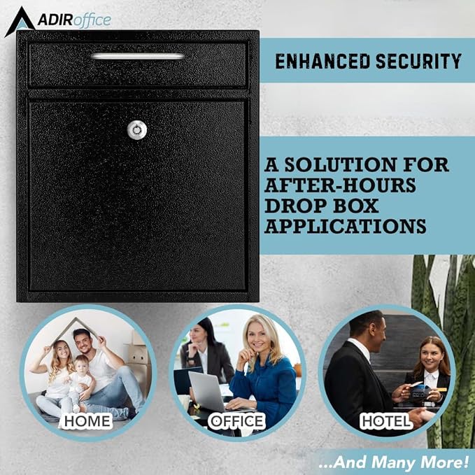 AdirOffice Wall Mount Mailbox - Mailbox with Lock and Keys- Durable Wall Mounted Locking Mailbox and Cash Drop Box for House, Apartments and Bussiness After Hours Deposits