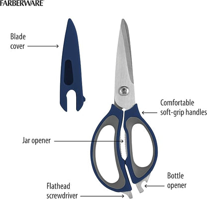 Farberware 4-in-1 Kitchen Scissors, Multi-Function Kitchen Shears with Jar Opener, Bottle Opener and Screwdriver, High-Carbon Stainless Steel Blades, Navy and Grey Ergonomic Handles with Sheath