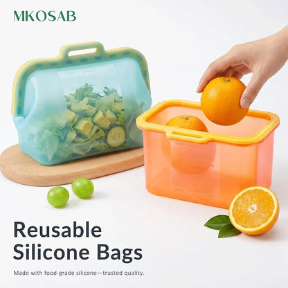 68oz Reusable Silicone Food Storage Bags with Magnetic Seal, Stand Up Freezer Bags for Meal Prep, Snacks, Sandwiches & Leftovers, Dishwasher Safe Reusable Food Storage Bag (Orange)