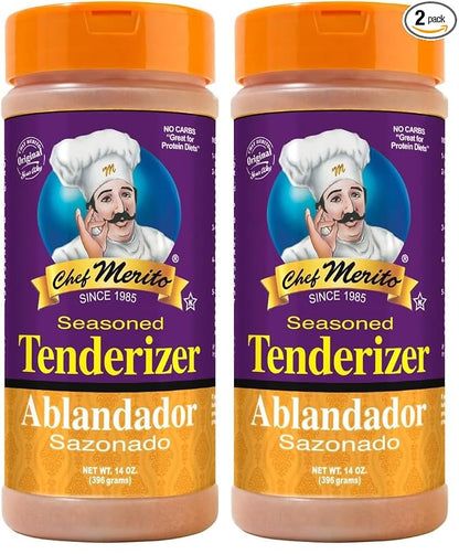 Chef Merito Seasoned Tenderizer 14 oz | Perfect for Beef, Pork & Poultry | Tenderizes & Enhances Flavor | Authentic Latin Flavor Since 1985 (Pack of 2)