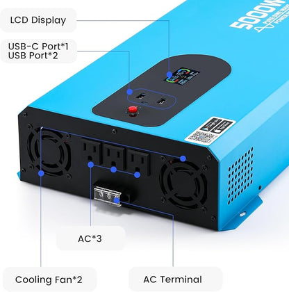 5000W Pure Sine Wave Inverter 12V DC to 110V/120V AC with WiFi Smart Control, Timer, LCD Display, 4 AC Outlets, USB Port & Terminal Block for RV, Truck, Off-Grid Camping