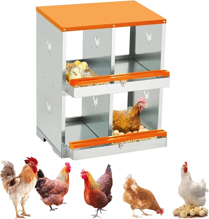 Garvee Nesting Boxes for Chickens, 4 Compartments Metal Chicken Nesting Box, Chicken Egg Laying Box with Large Vented Holes for Easy Egg Collection