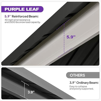 PURPLE LEAF 10' X 12' Gazebo White Aluminum Frame Galvanized Double Roof Hardtop Gazebo Curtains and Netting Included with String Lights for Garden Deck Lawns and Backyard, Grey