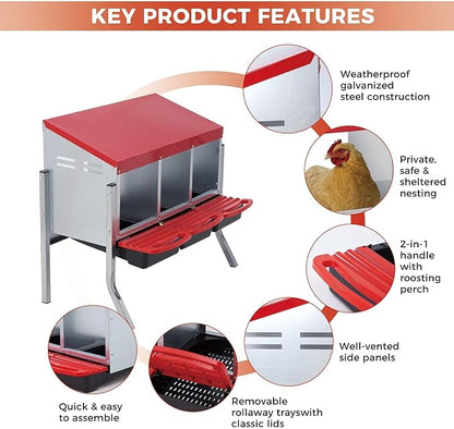 3 Compartment Metal Chicken Nesting Box, Includes 3 Soft Hay Mats, Automatic Roll-Out Egg Collection, Waterproof Galvanized Steel Laying Box with Perch & Wall Mount, for Hens Ducks Rabbits