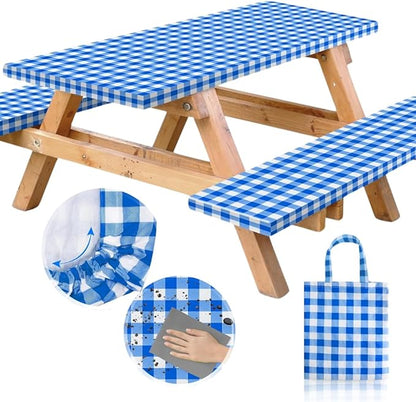 Vinyl Fitted Picnic Table Cover with Bench Covers & Bag 8ft Blue Checkered | Vinyl Fitted Picnic Table Cover with Bench Covers and Bag, Outdoor Waterproof Windproof Picnic Tablecloth with Elastic Edges.