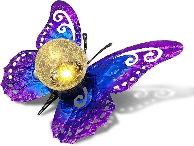 Solar Lights Outdoor Garden Butterfly Decor, Metal Butterfly Statue Decoration with LED Crackle Glass Globe, Solar Powered Lighted Garden Art Decor for Patio Lawn Yard Pathway Tabletop Ground
