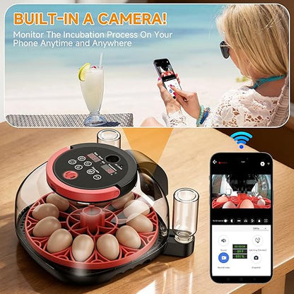 12 Egg Incubator WiFi with Camera, Humidity and Temperature Control, APP Notification, Egg Candler, Automatic Egg Turner, Smart Incubators for Hatching Eggs, Chicken, Duck, Pigeon and Quail
