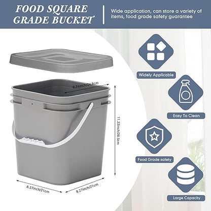 Mumufy 8 Pcs 3.5 Gallon Square Food Grade Bucket with Lid Square Bucket Pail Plastic Handles for Long Term Food Storage, Camping, Fishing, Home Organization Easy Stack and Store (Gray)