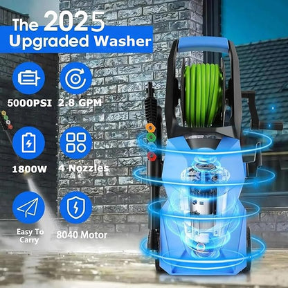 Pressure Cleaner 5000 PSI,2.8 GPM Power Cleaner with Foam Cannon,Portable Cleaner with 33ft Hose Reel,4 Nozzle Tips,and Soap Bottle for Cars/Home/Driveways/Patios/Decks/Fences(Blue)
