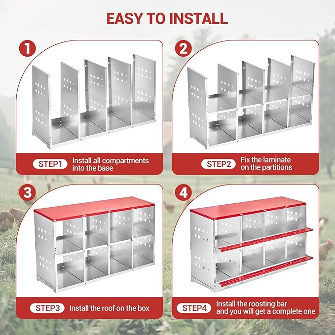 Metal Chicken Nesting Boxes - 8 Hole Wall-Mountable Laying Boxes with Roll-Away Egg Collection, Weatherproof Galvanized Steel, for Chicken Coop, Red