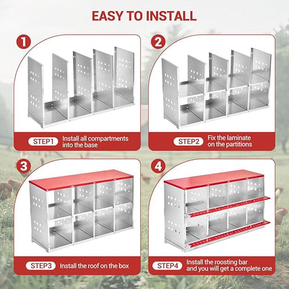 Metal Chicken Nesting Boxes - 8 Hole Wall-Mountable Laying Boxes with Roll-Away Egg Collection, Weatherproof Galvanized Steel, for Chicken Coop, Red