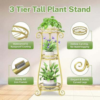 iDavosic.ly 3 Tier Metal Plant Stand Indoor Outdoor, Wrought Iron Corner Tall Flower Pot Holder Shelf, 34 Inch Vertical Heavy Duty Display Rack for Patio Porch Living Room Garden, Gold