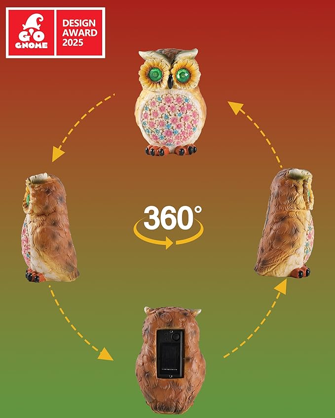 Hand-Painted Resin Owl Figurine with Glow-in-The-Dark Eyes, Solar-Powered Garden Decor 5.5'' Lawn Ornaments Statue Gardening Gifts for Outside Yard Art Patio (Owl)