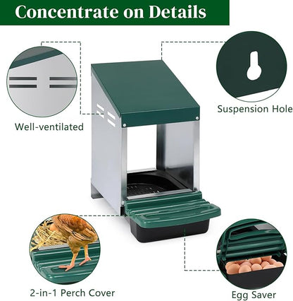 Chicken Nesting Boxes for Laying Eggs,Single Compartment Roll Out Nesting Box Plastic Heavy Duty Chicken Coop with Swing Perch,Hanging Chicken Cage Rolling Egg Collection for Hens, Ducks,Green