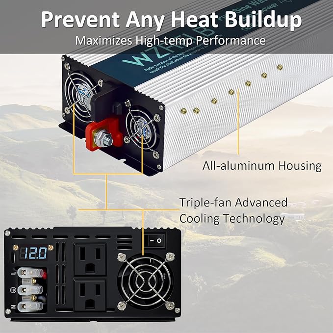 WZRELB 2500W Pure Sine Wave Inverter 12V DC to 110V 120V AC Power Converter with LED Display, Hardwire Terminal,Off-Grid Portable Power Inverter with Dual AC Outlets for Home, RV, Truck, Camping