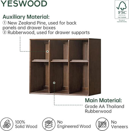 YESWOOD Modular Bookcase Storage Cubes, 100% Solid Rubberwood TV Stand Free Combination, Small Walnut Color Buffet Cabinet for Living Room Bedroom Study