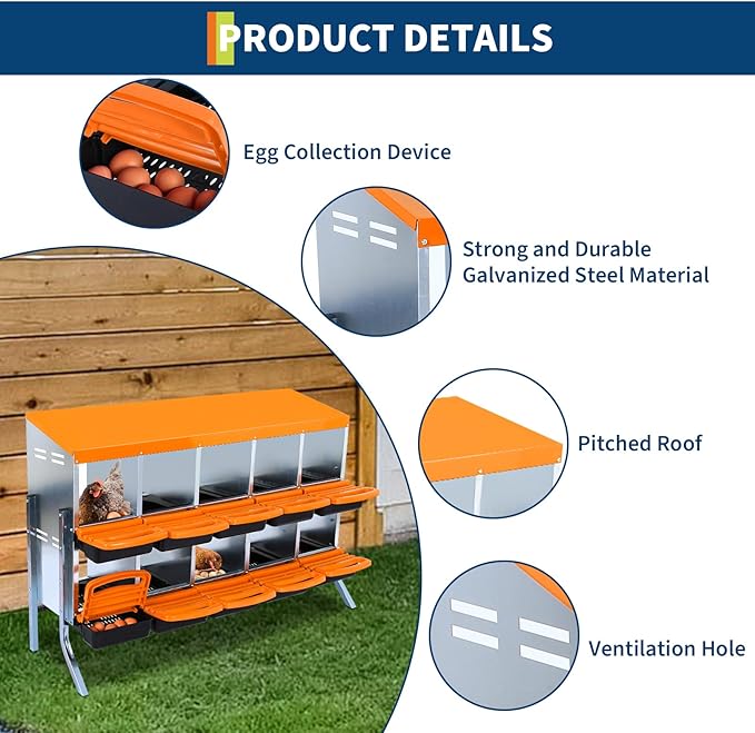 10-Compartments Chicken Nesting Boxes with Roll Out Egg Collection and Large Vented Holes,Metal Nesting Boxes for Chickens, Hens, Ducks,Wall Mount/Freestanding Poultry,Orange