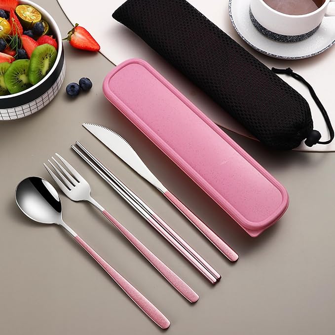 VANRA 4-Piece Portable Travel Utensils Set with Case 18/8 Stainless Steel Flatware Set Reusable Cutlery Set with Fork Spoon Knife Chopstick for Lunch Travel Camping School Work Picnic (Pink)