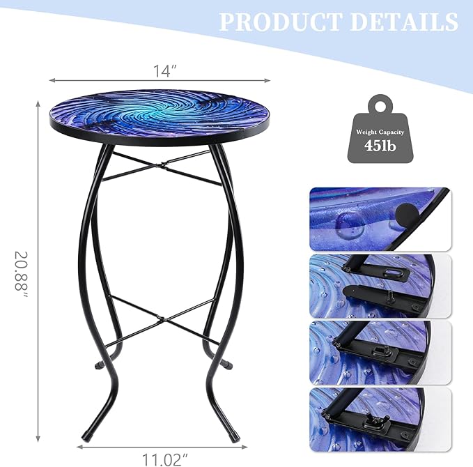 MUMTOP Outdoor End Tables for Patio, Deep Sea Round Side Table, Glass Accent Table for Outside, Garden, Balcony, Porch, Indoor Home Decor