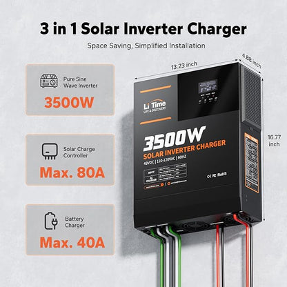 LiTime 3500W All-in-One Solar Inverter Charger, 48V DC to 120V AC Pure Sine Wave Inverter, Built in 80A MPPT Charge Controller, for 48V Lead Acid/LiFePO4 Battery, Home Energy Storage, Off-Grid
